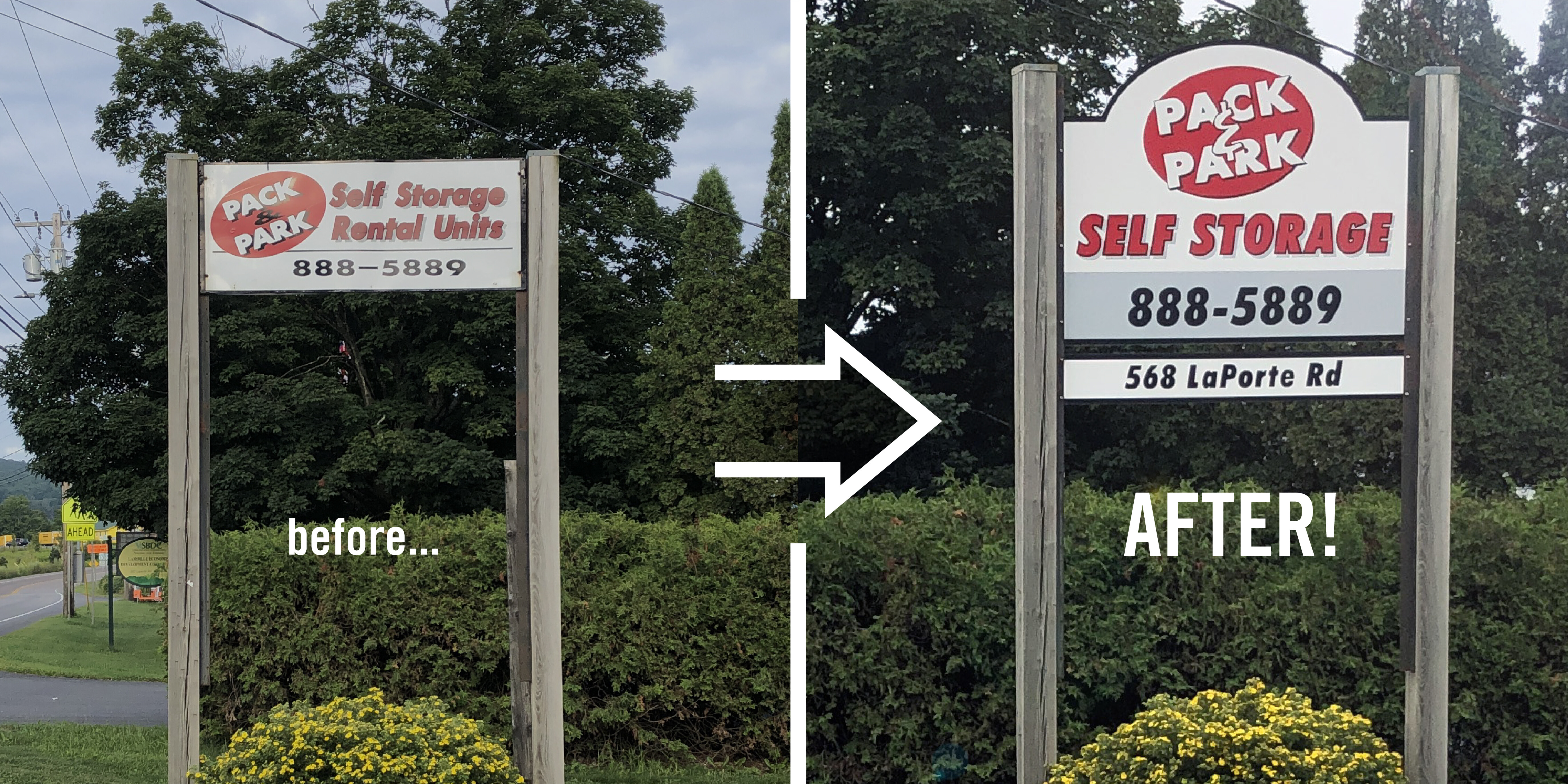 Before and after business signage for pack and park self storage rental units