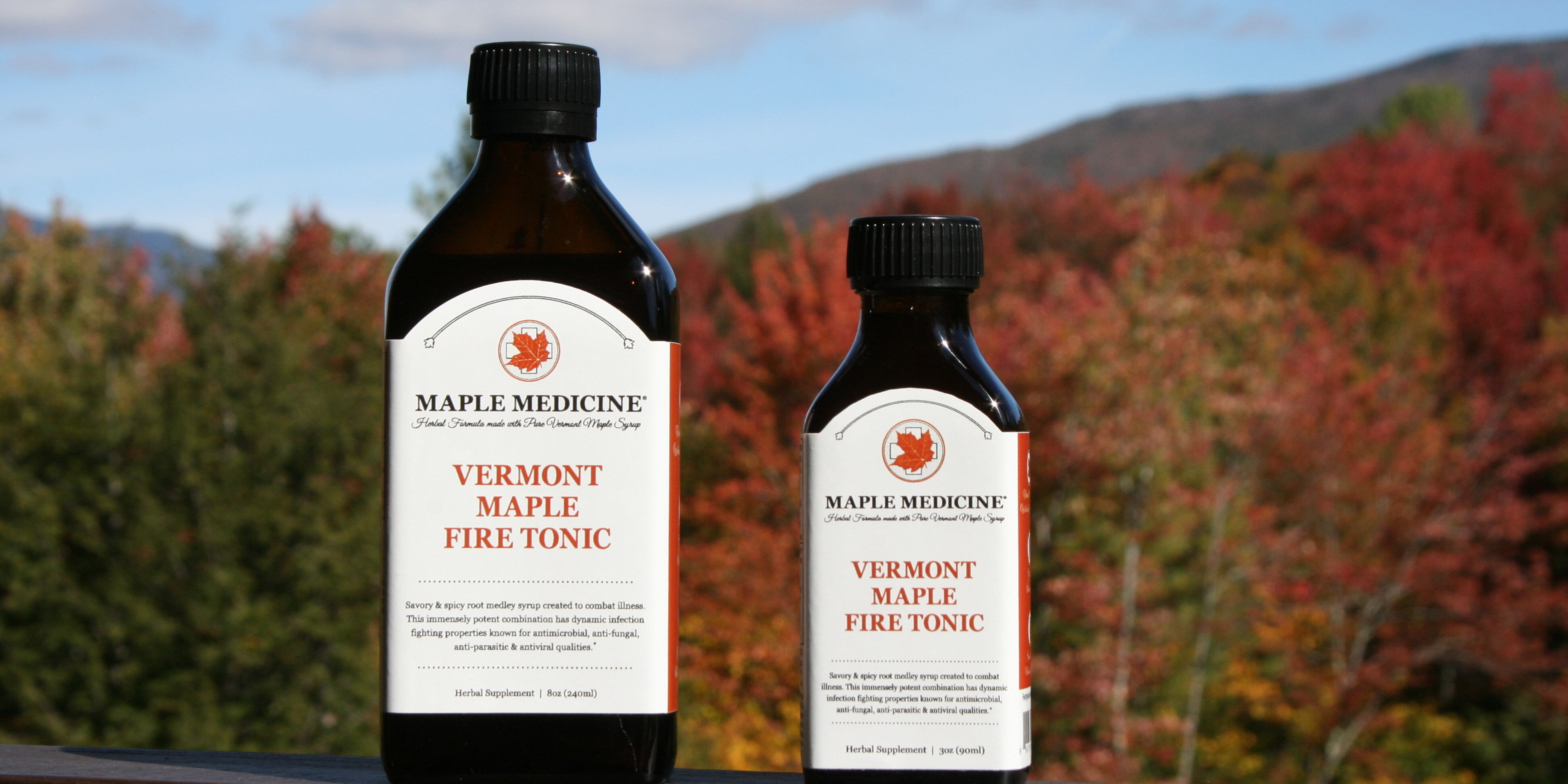 Maple Fire Tonic brand label with vermont background